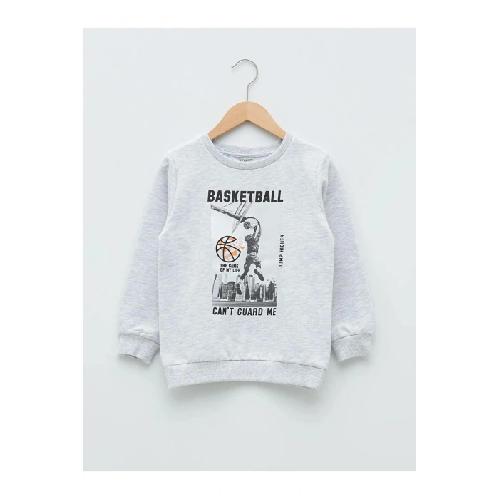 LCW KidsGri Bisiklet Yaka Baskılı Uzun Kollu Erkek Çocuk Sweatshirt