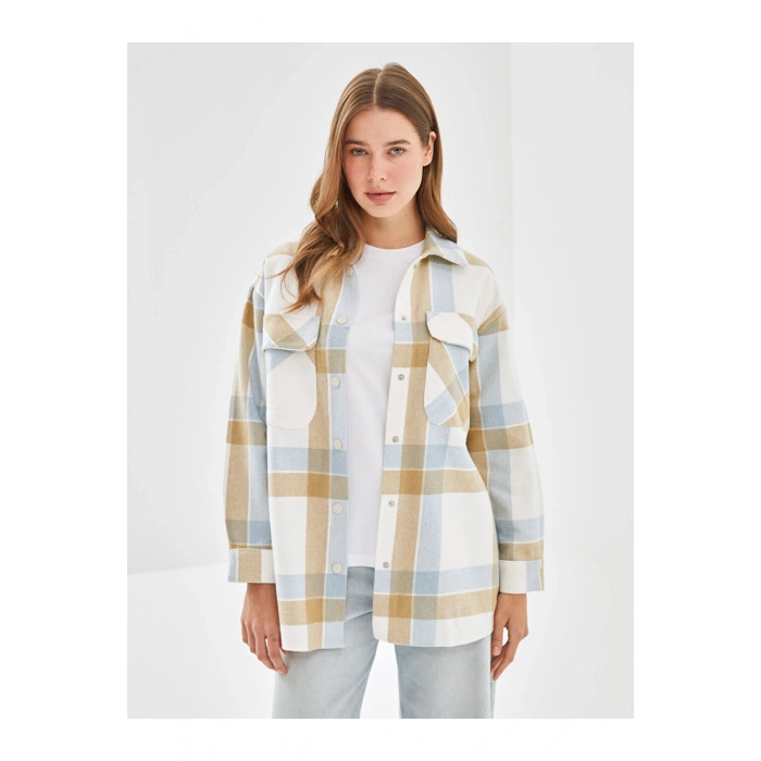 LCW Modest Açık Mavi Ekoseli Ekose Oversize Kadın Gömlek Tunik