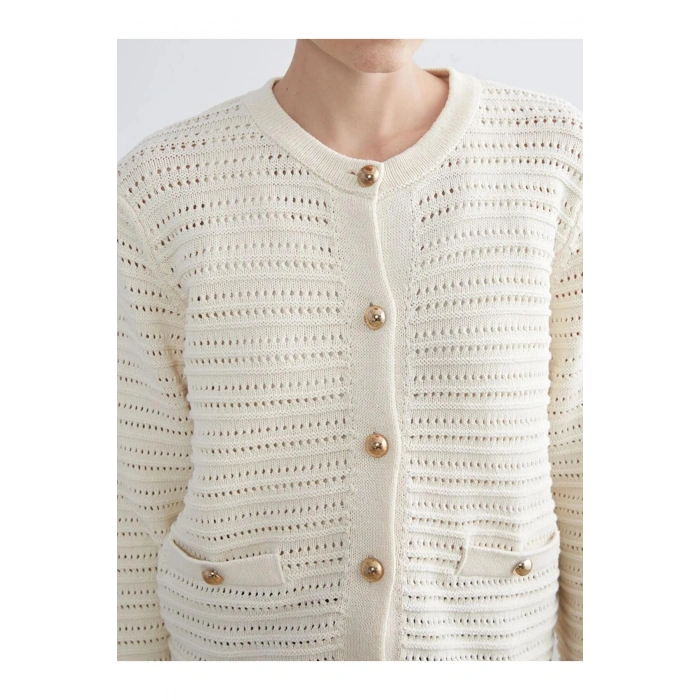 LCW Modest Ekru Bisiklet Yaka Ajurlu Kadın Triko Hırka