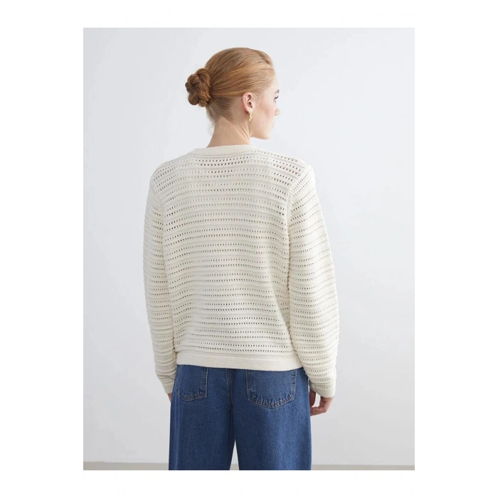 LCW Modest Ekru Bisiklet Yaka Ajurlu Kadın Triko Hırka