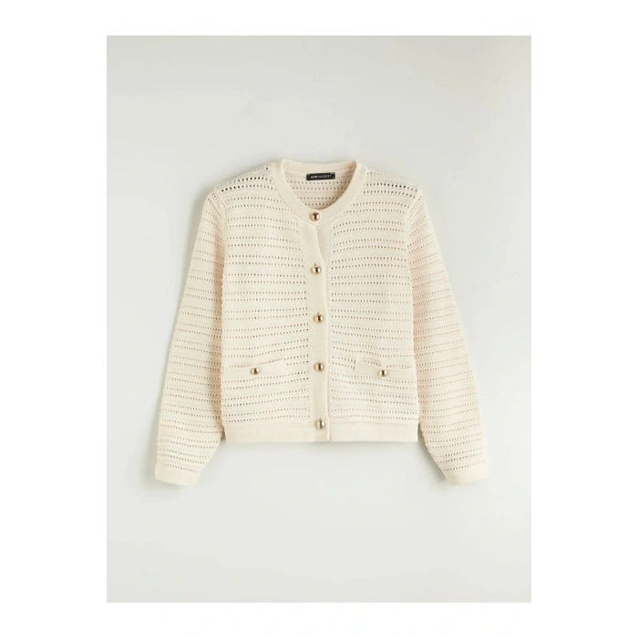 LCW Modest Ekru Bisiklet Yaka Ajurlu Kadın Triko Hırka