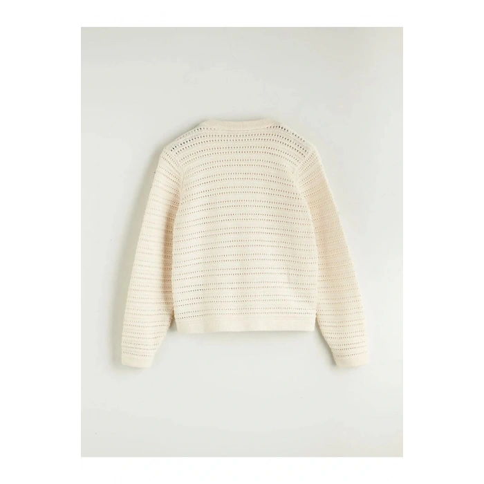 LCW Modest Ekru Bisiklet Yaka Ajurlu Kadın Triko Hırka