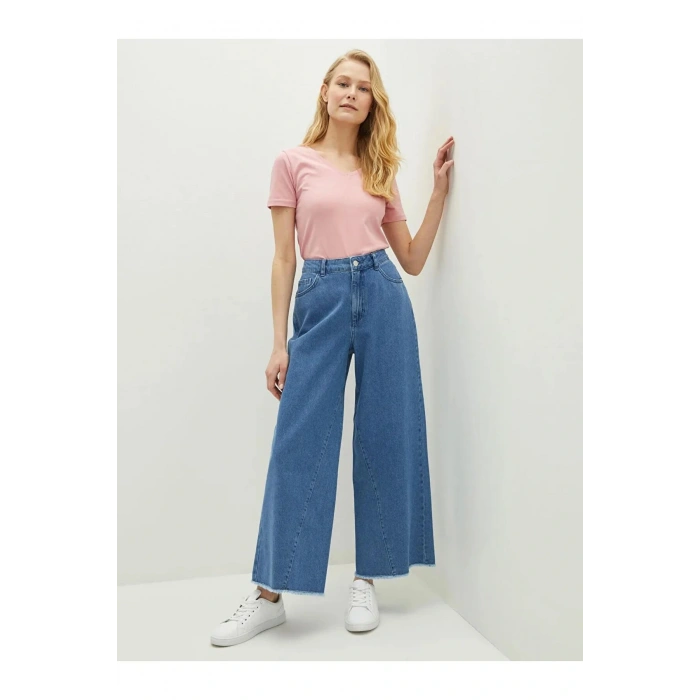 LCW Modest İndigo Cep Detaylı Bol Paça Kadın Rodeo Jean Pantolon