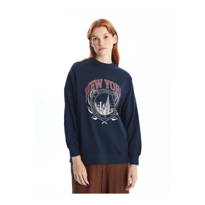 LCW Modest Lacivert Bisiklet Yaka Baskılı Oversize Kadın Sweatshirt Tunik