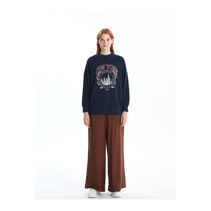 LCW Modest Lacivert Bisiklet Yaka Baskılı Oversize Kadın Sweatshirt Tunik