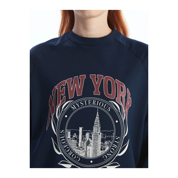 LCW Modest Lacivert Bisiklet Yaka Baskılı Oversize Kadın Sweatshirt Tunik