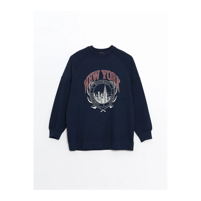 LCW Modest Lacivert Bisiklet Yaka Baskılı Oversize Kadın Sweatshirt Tunik
