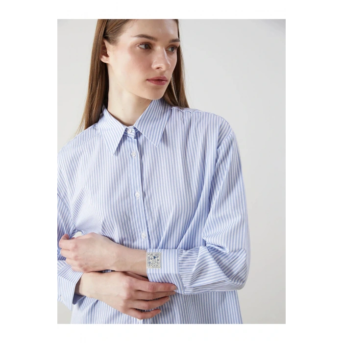 LCW Modest Mavi Çizgili Poplin Kadın Gömlek Tunik