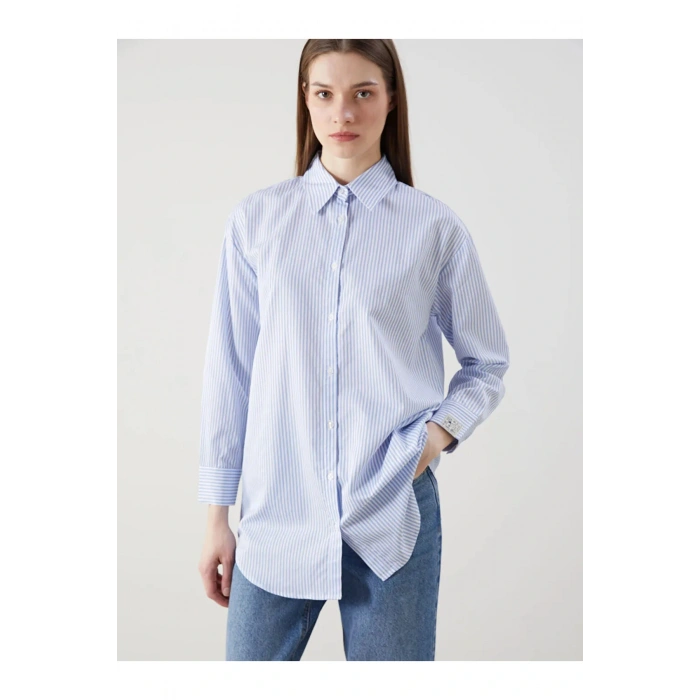 LCW Modest Mavi Çizgili Poplin Kadın Gömlek Tunik