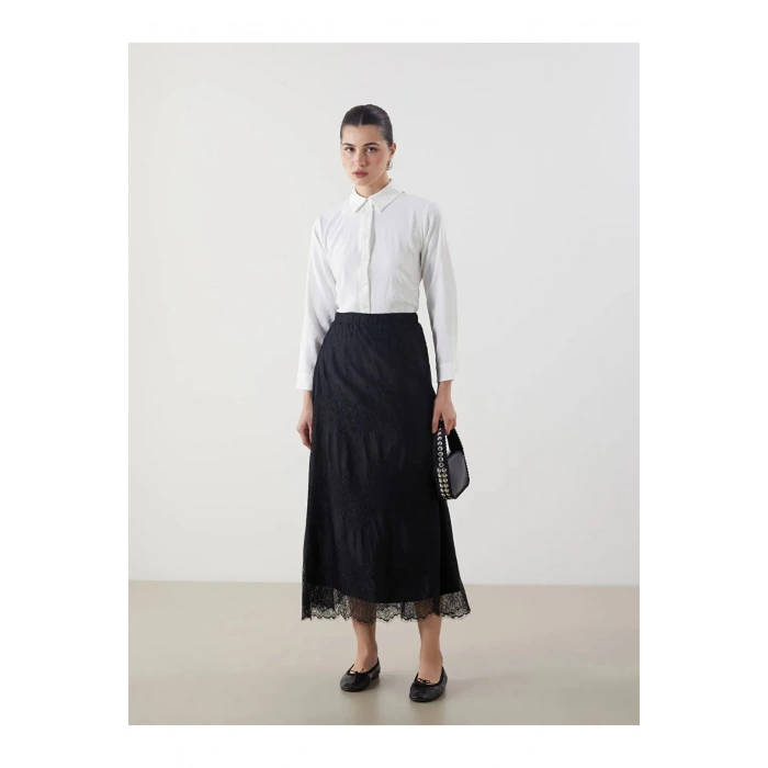 LCW Modest Siyah Beli Lastikli Kendinden Desenli Brode Etek