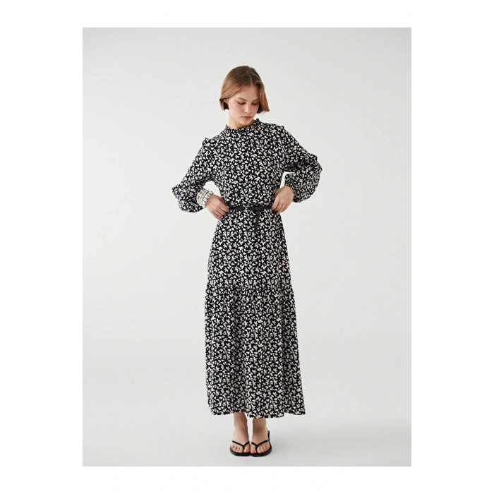 LCW Modest Siyah Dik Yaka Desenli Kadın Elbise