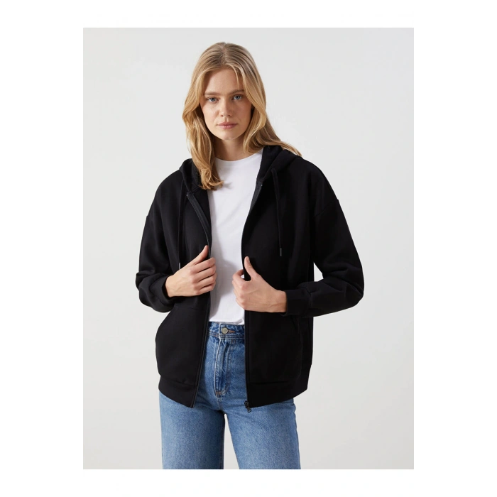 LCW Modest Siyah Kapüşonlu Oversize Kadın Fermuarlı Sweat
