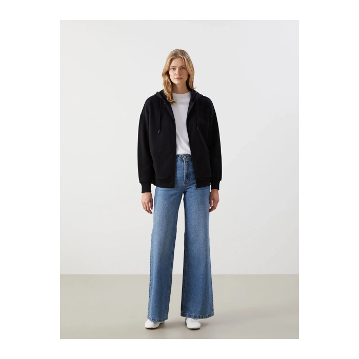 LCW Modest Siyah Kapüşonlu Oversize Kadın Fermuarlı Sweat