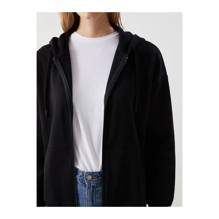 LCW Modest Siyah Kapüşonlu Oversize Kadın Fermuarlı Sweat