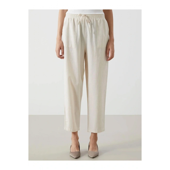LCW Vision Bej Beli Lastikli Keten Karışımlı Kadın Pantolon