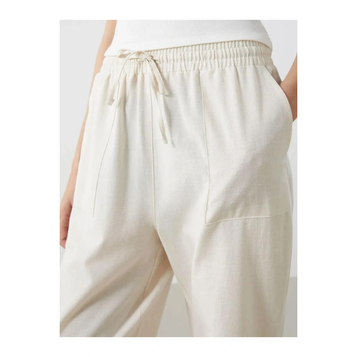 LCW Vision Bej Beli Lastikli Keten Karışımlı Kadın Pantolon