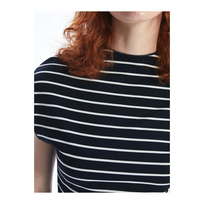 LCW Vision Beyaz Çizgili Dik Yaka Çizgili Kadın Elbise