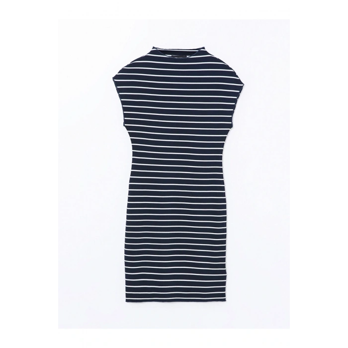 LCW Vision Beyaz Çizgili Dik Yaka Çizgili Kadın Elbise