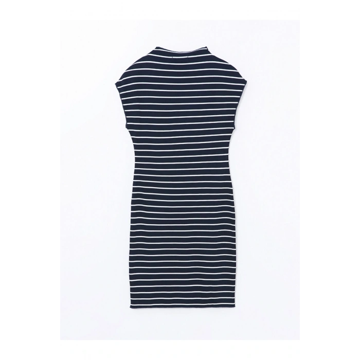 LCW Vision Beyaz Çizgili Dik Yaka Çizgili Kadın Elbise