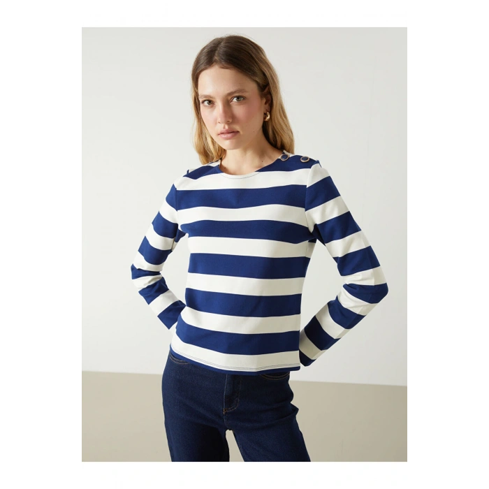 Lcw Vision Bisiklet Yaka Çizgili Kadın Tişört