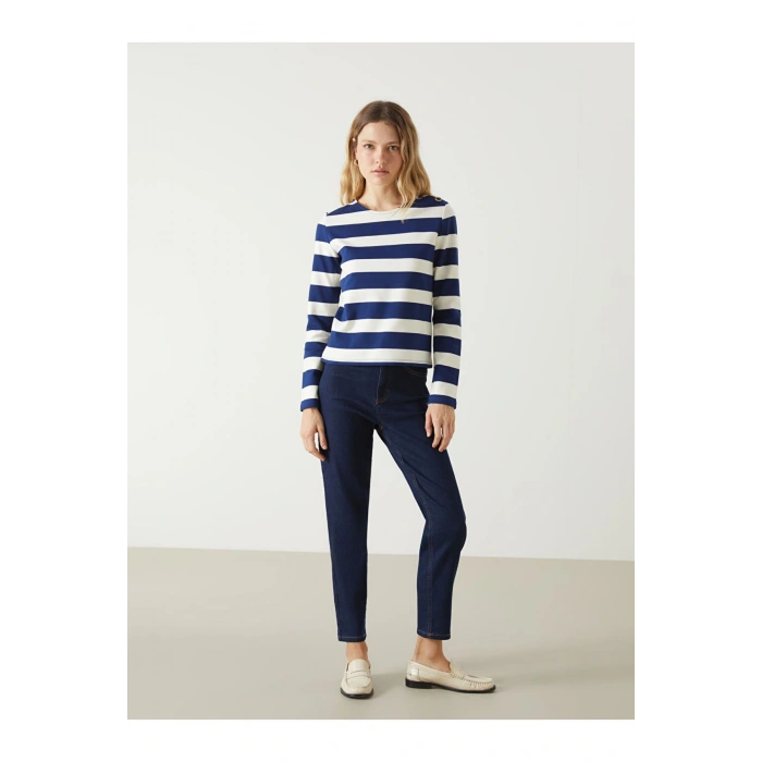 Lcw Vision Bisiklet Yaka Çizgili Kadın Tişört