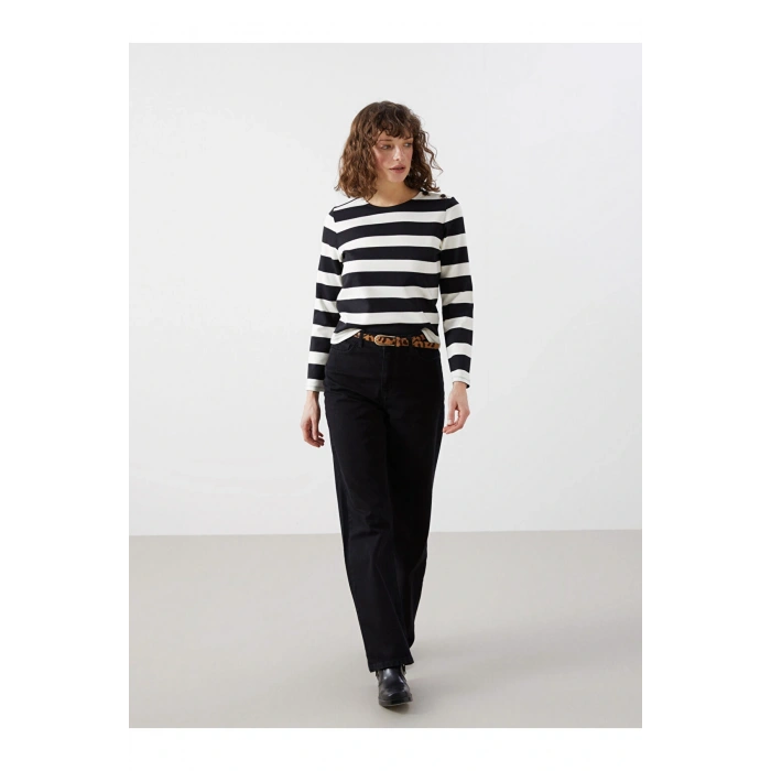 Lcw Vision Bisiklet Yaka Çizgili Kadın Tişört