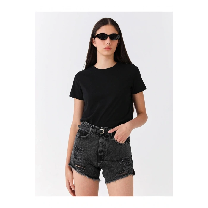 LCW Vision Bisiklet Yaka Düz Kısa Kollu Kadın Tişört