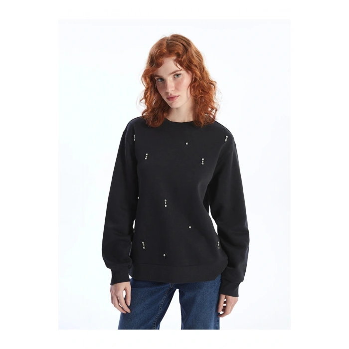 LCW Vision Bisiklet Yaka Parlak Taş Baskılı Kadın Kalın Sweatshirt