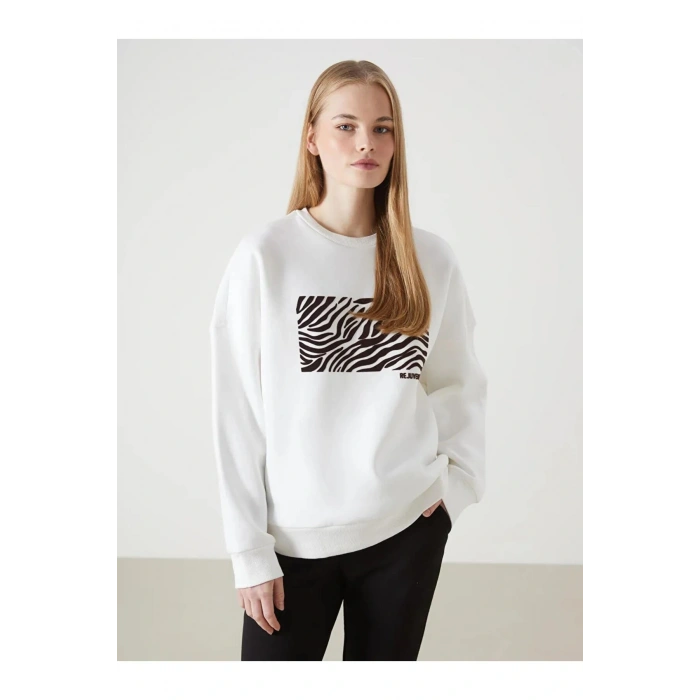 LCW Vision Ekru Bisiklet Yaka Baskılı Oversize Kadın Kalın Sweatshirt