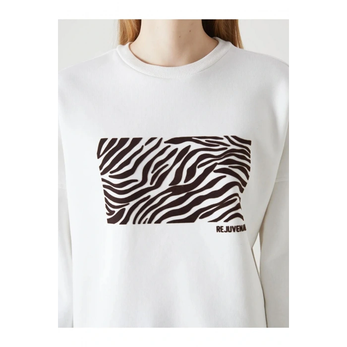 LCW Vision Ekru Bisiklet Yaka Baskılı Oversize Kadın Kalın Sweatshirt