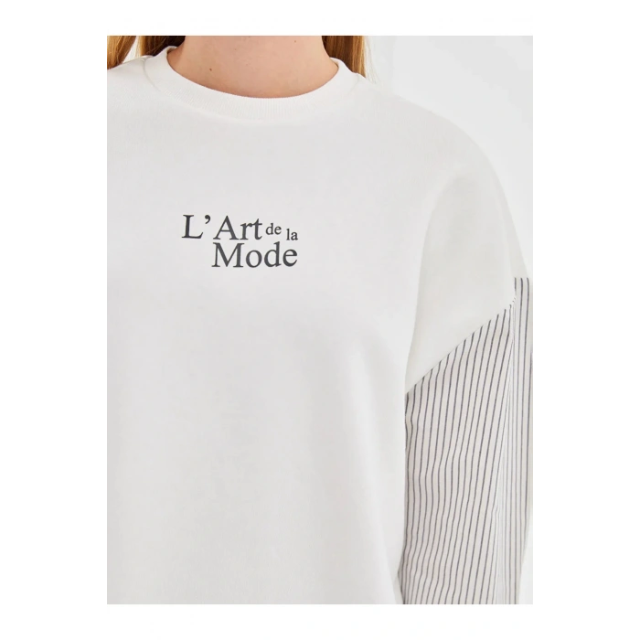 LCW Vision Ekru Bisiklet Yaka Baskılı Oversize Kadın Kalın Sweatshirt