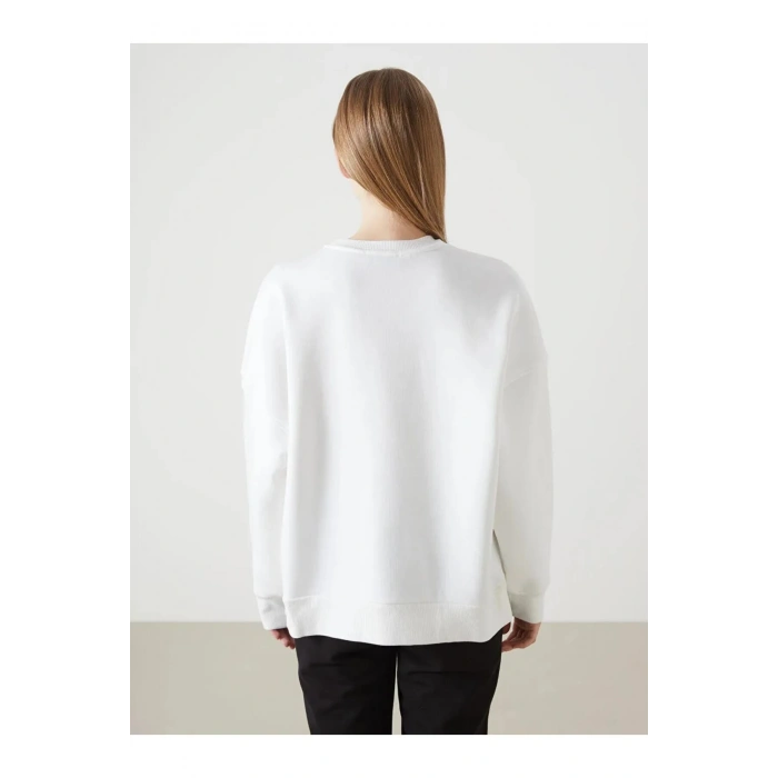 LCW Vision Ekru Bisiklet Yaka Baskılı Oversize Kadın Kalın Sweatshirt