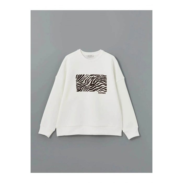 LCW Vision Ekru Bisiklet Yaka Baskılı Oversize Kadın Kalın Sweatshirt