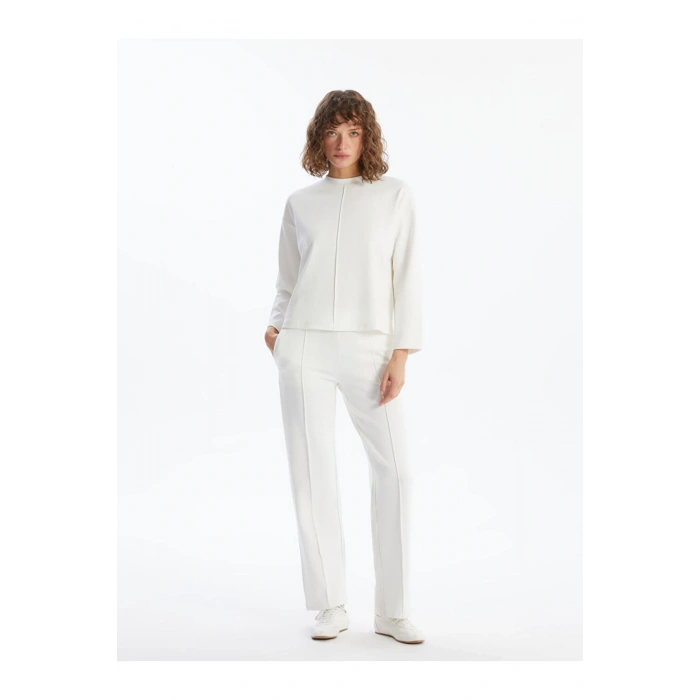 LCW Vision Ekru Bisiklet Yaka Düz Oversize Kadın Sweatshirt