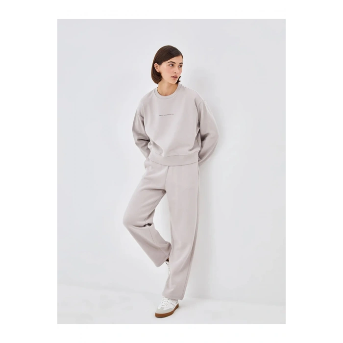 LCW Vision Gri Beli Lastikli Düz Geniş Paça Kadın Kalın Eşofman Altı