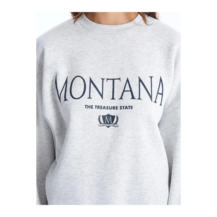 LCW Vision Gri Bisiklet Yaka Baskılı Oversize Kadın Kalın Sweatshirt