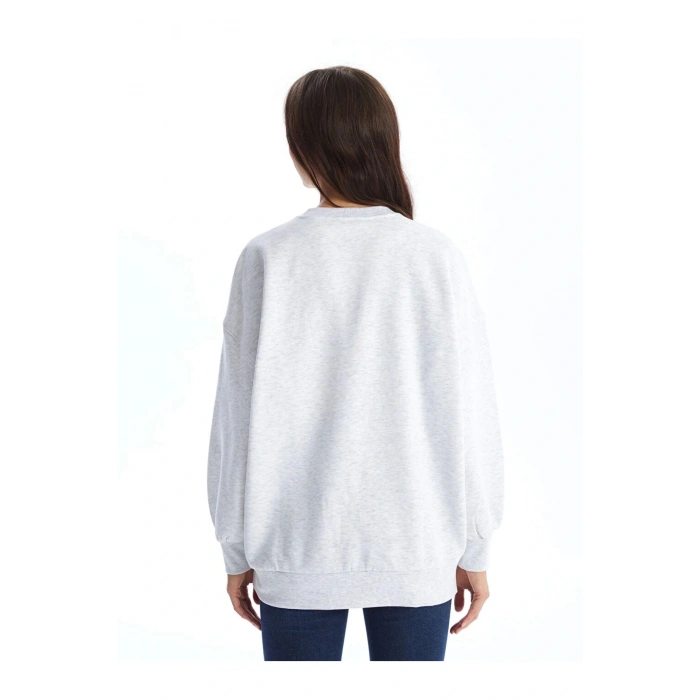 LCW Vision Gri Bisiklet Yaka Baskılı Oversize Kadın Kalın Sweatshirt