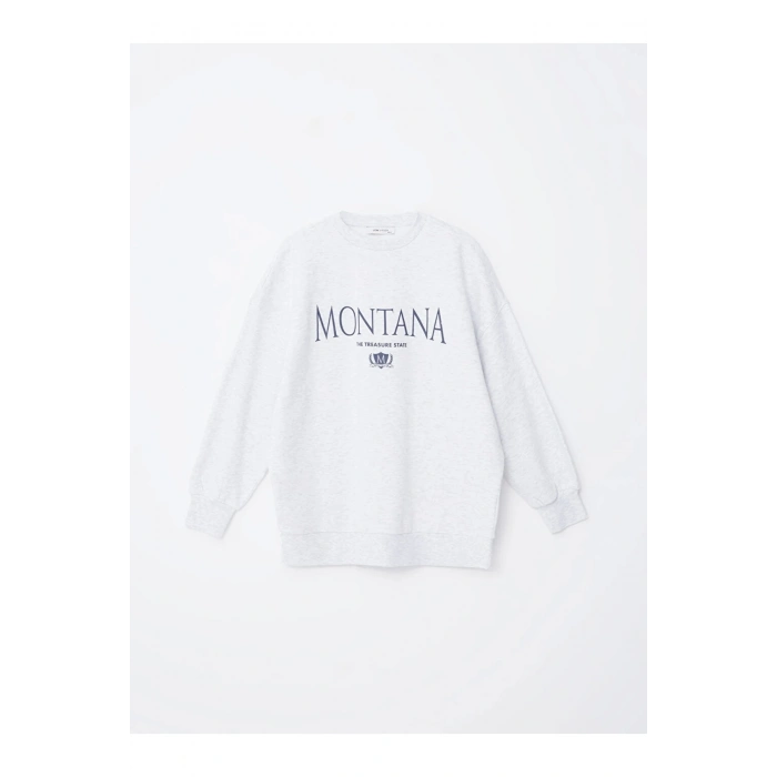 LCW Vision Gri Bisiklet Yaka Baskılı Oversize Kadın Kalın Sweatshirt