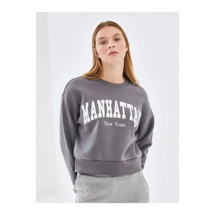 LCW Vision Gri Bisiklet Yaka Baskılı Oversize Kadın Kalın Sweatshirt İMREX GLOBAL