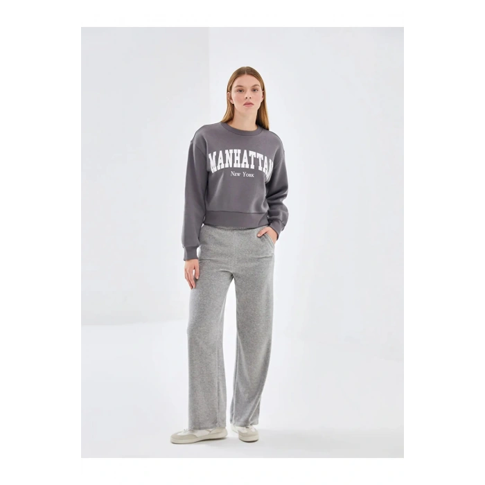 LCW Vision Gri Bisiklet Yaka Baskılı Oversize Kadın Kalın Sweatshirt İMREX GLOBAL