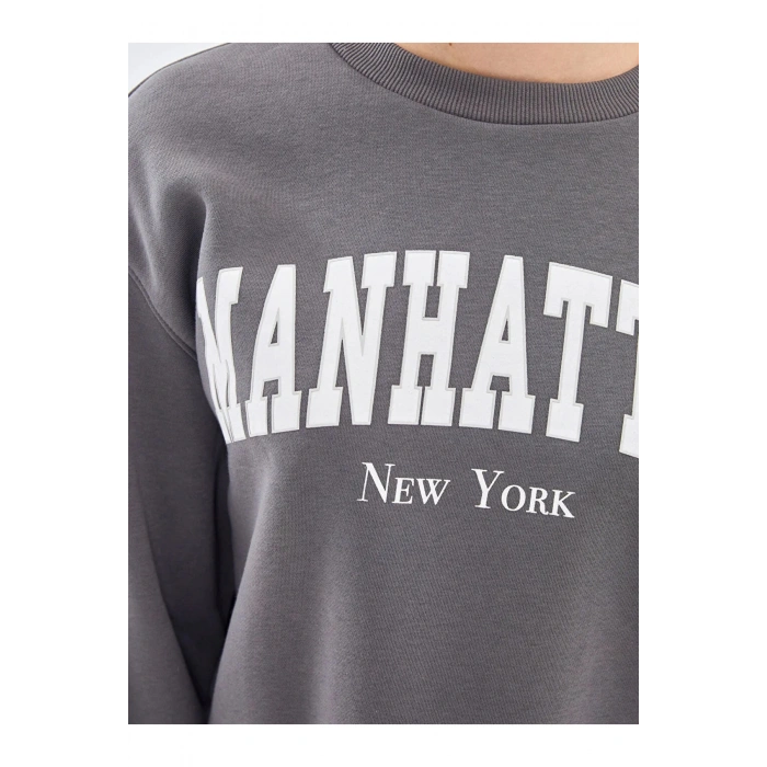 LCW Vision Gri Bisiklet Yaka Baskılı Oversize Kadın Kalın Sweatshirt İMREX GLOBAL