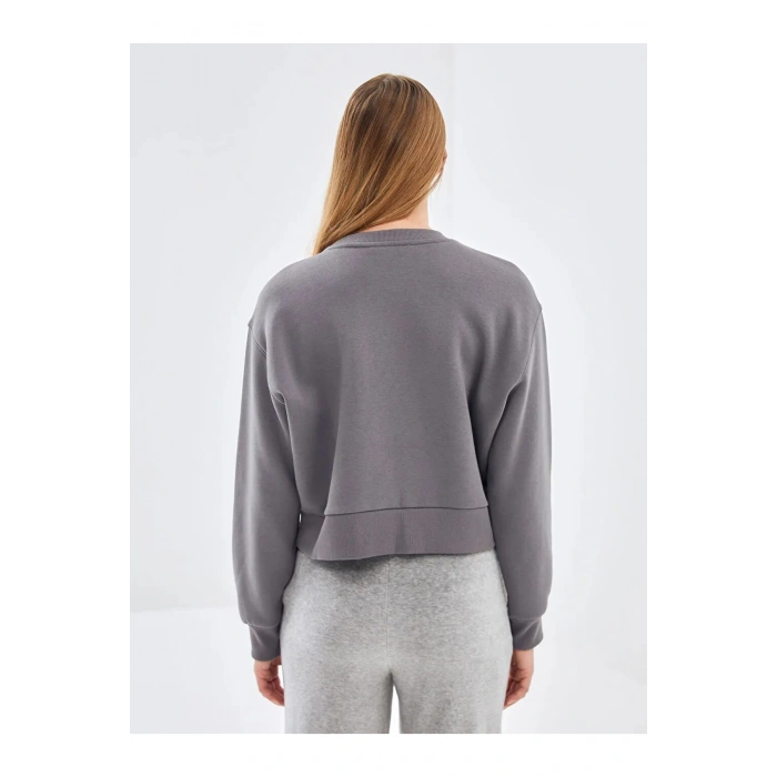 LCW Vision Gri Bisiklet Yaka Baskılı Oversize Kadın Kalın Sweatshirt İMREX GLOBAL