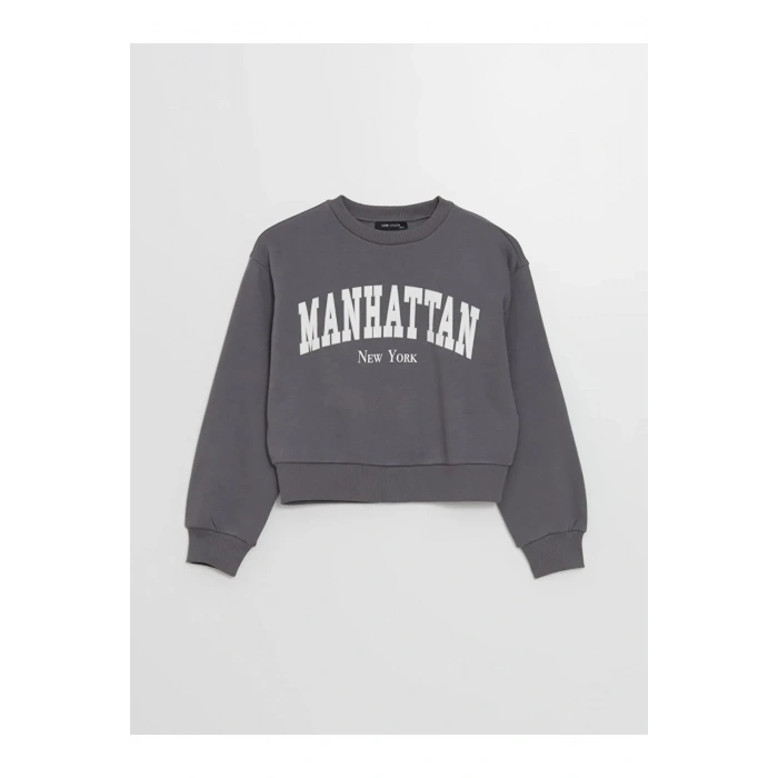 LCW Vision Gri Bisiklet Yaka Baskılı Oversize Kadın Kalın Sweatshirt İMREX GLOBAL