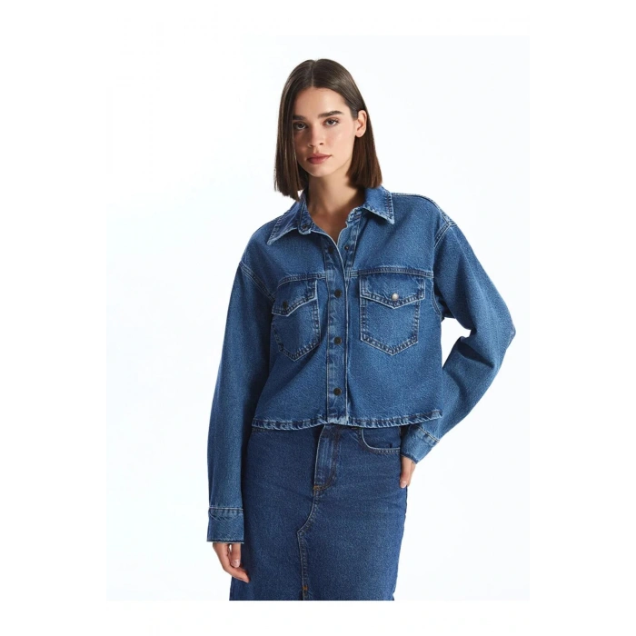LCW Vision İndigo Düz Uzun Kollu Crop Kadın Jean Gömlek Ceket