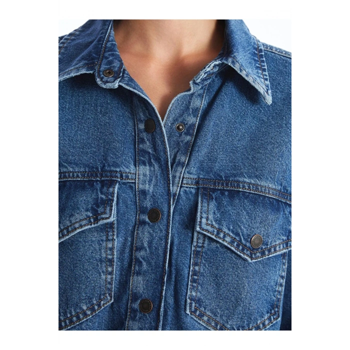 LCW Vision İndigo Düz Uzun Kollu Crop Kadın Jean Gömlek Ceket