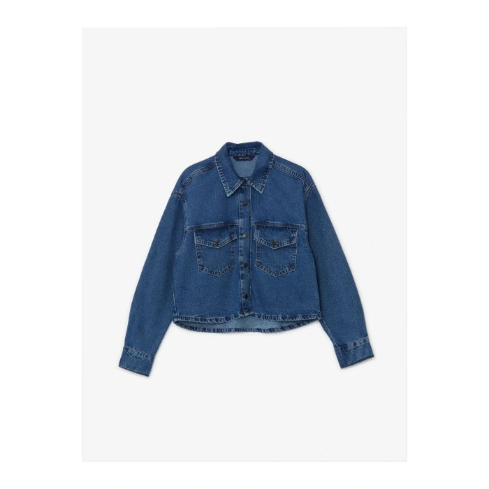 LCW Vision İndigo Düz Uzun Kollu Crop Kadın Jean Gömlek Ceket