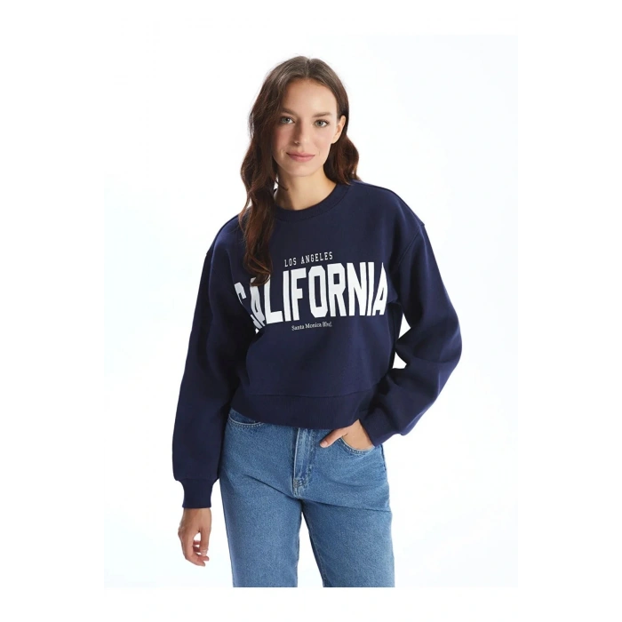 LCW Vision Lacivert Bisiklet Yaka Baskılı Oversize Kadın Sweatshirt