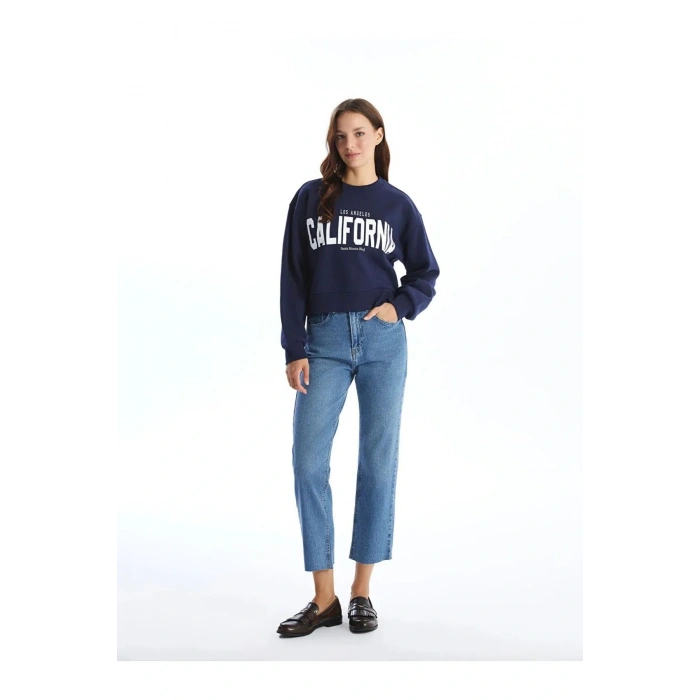 LCW Vision Lacivert Bisiklet Yaka Baskılı Oversize Kadın Sweatshirt