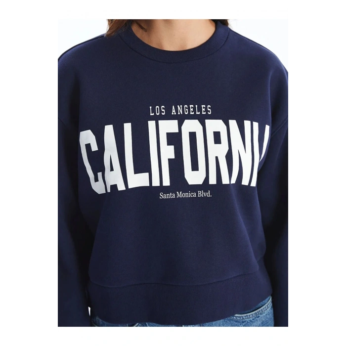 LCW Vision Lacivert Bisiklet Yaka Baskılı Oversize Kadın Sweatshirt