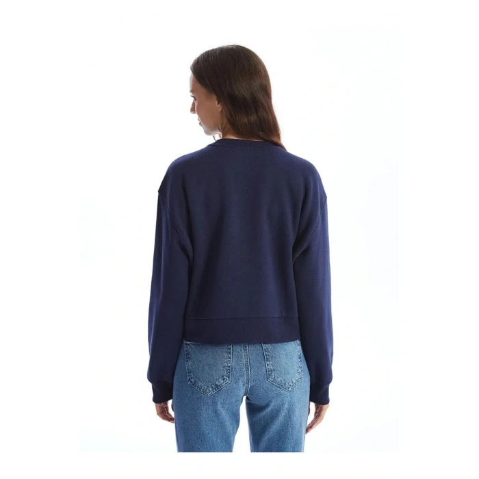 LCW Vision Lacivert Bisiklet Yaka Baskılı Oversize Kadın Sweatshirt